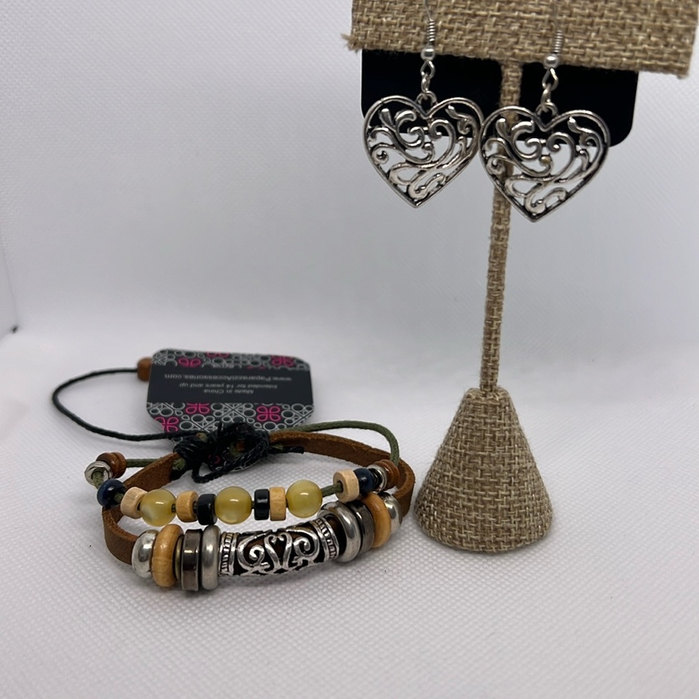 Boho, urban drawstring bracelet and heart earrings set